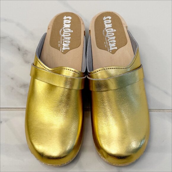 Sandgrens Handmade Swedish Metallic Gold Wood Clogs Low Heel Mule 8 - Picture 4 of 12